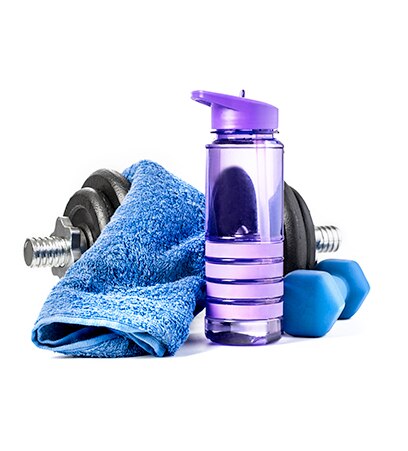 Gym towel, dumbell and water bottle