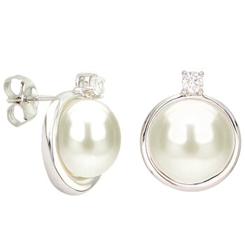 18KT White Gold With 9-10mm Button Shape Freshwater Pearl And 0.12ctw Diamond Bezel Earring