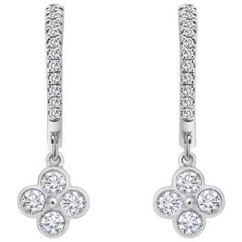 18KT White Gold Quatrefoil Rub Over Earrings with 0.37ctw Stone Set Drop