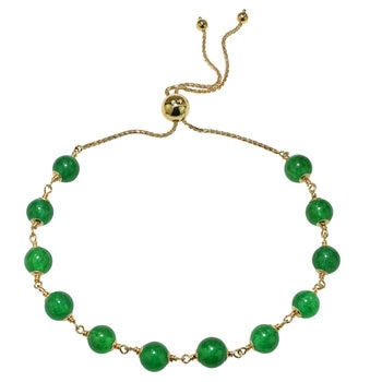 14KT Yellow Gold Dyed Green Jade Bolo Adjustable Bracelet