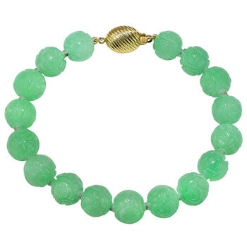14KT Yellow Gold Dyed Green Jade Carved Beads Knot Bracelet