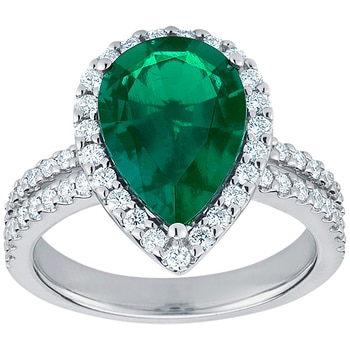 18KT White Gold Lab Created Emerald And Diamond Ring