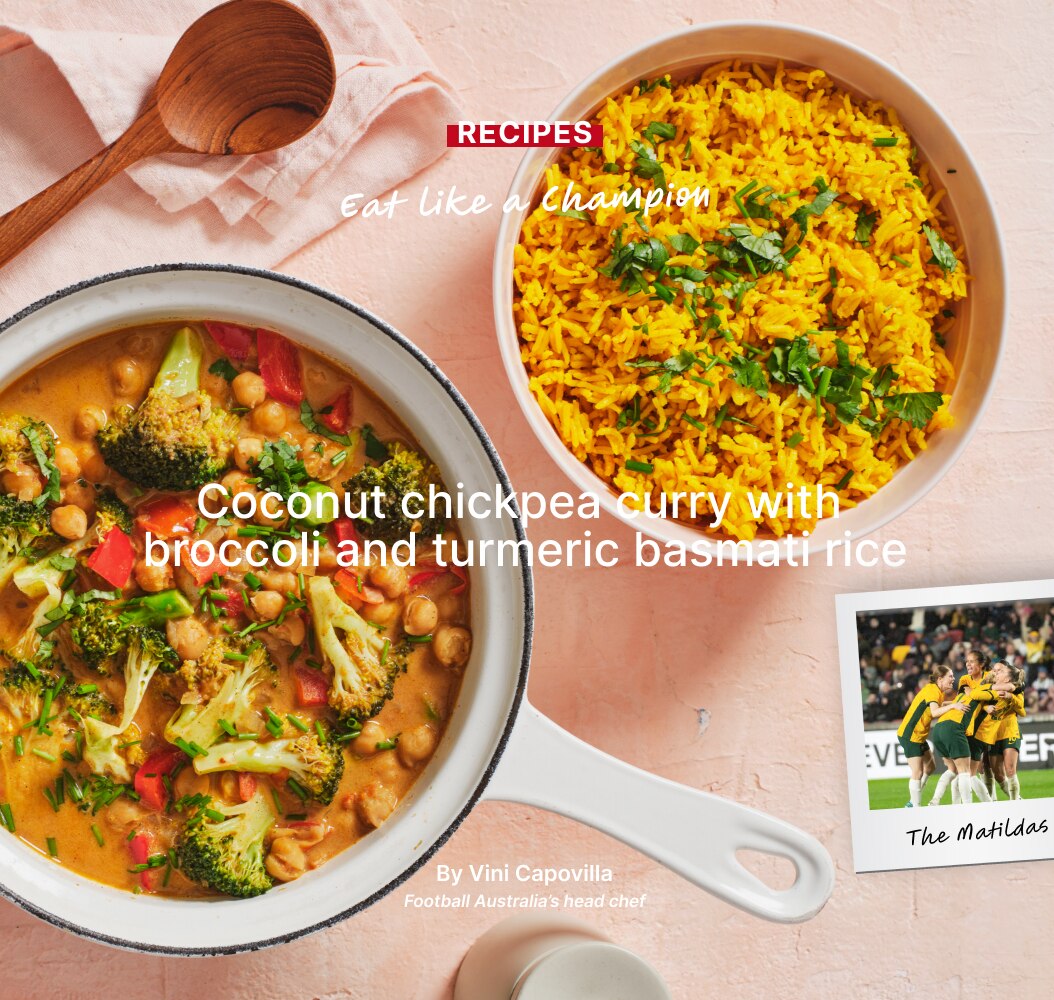 Coconut chickpea curry with broccoli and turmeric basmati rice