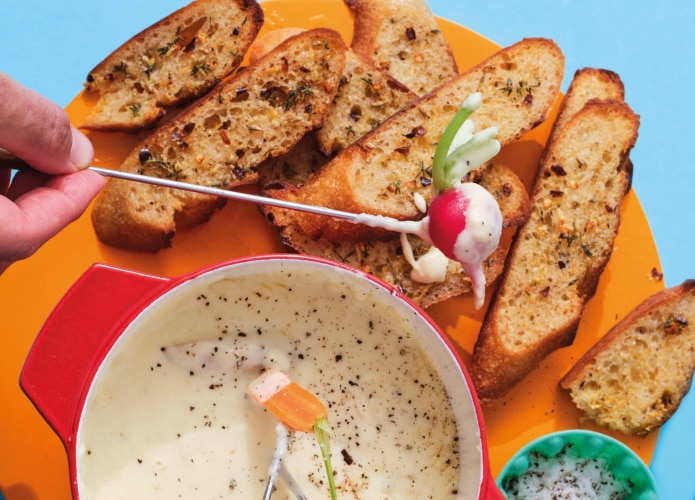 Four-cheese fondue with herbed dippers and crudité