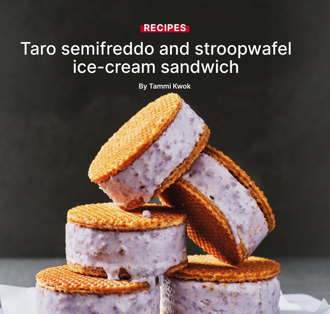 Taro semifreddo and stroopwafel ice-cream sandwich