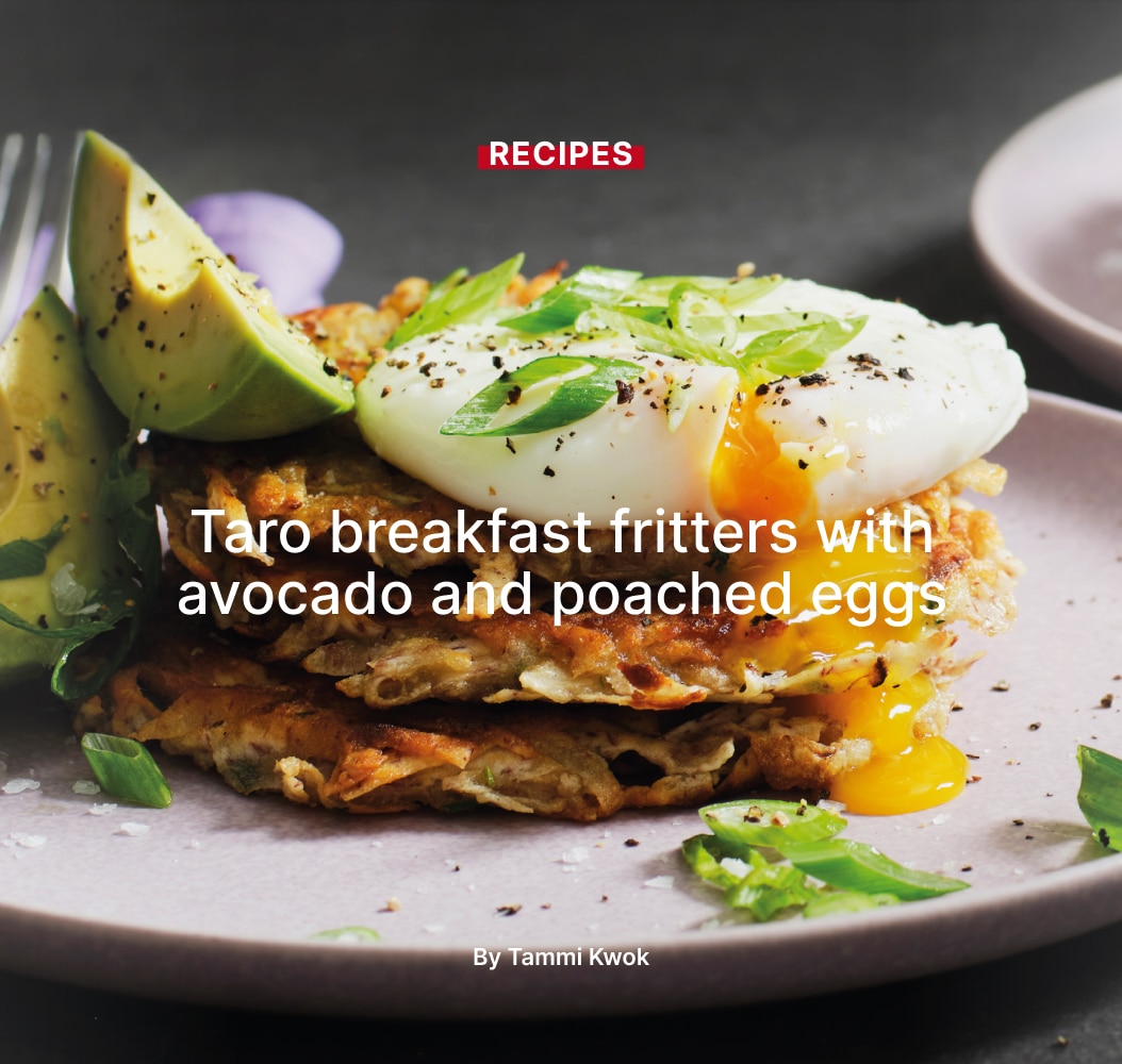 Taro breakfast fritters with avocado and poached eggs