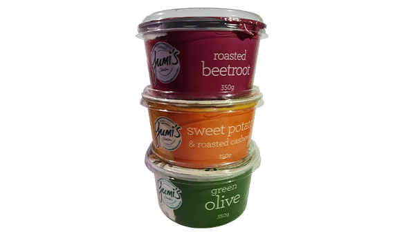 Yumi's Classic Roasted Beetroot; Sweet Potato & Roasted Cashews; Green Olive Dip  3 x 350g