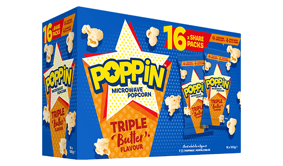 Poppin Microwave Popcorn Triple Butter 16 x 100g