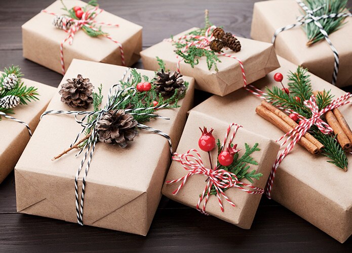 Christmas gifts wrapped with craft paper