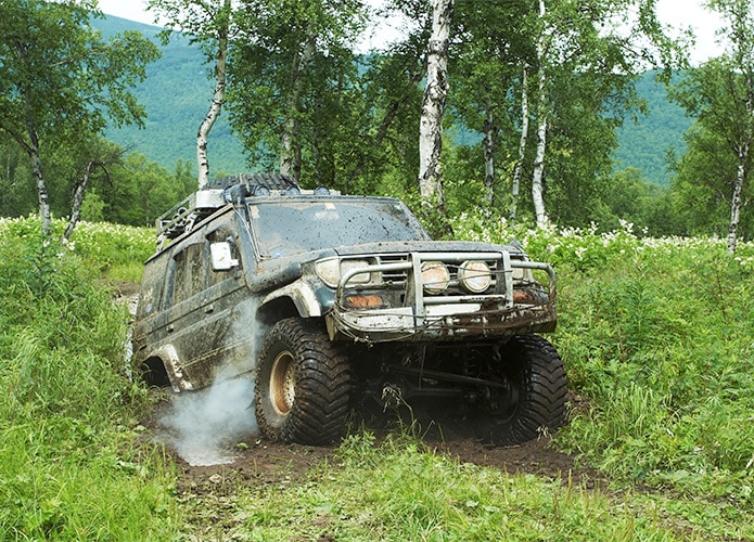 4WD driving through mud and foilage