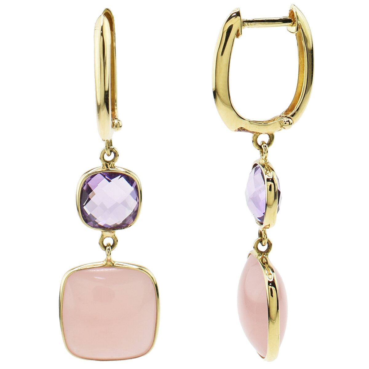 14KT Yellow Gold Amethyst Pink Guava Quartz Bezel Drop Earrings