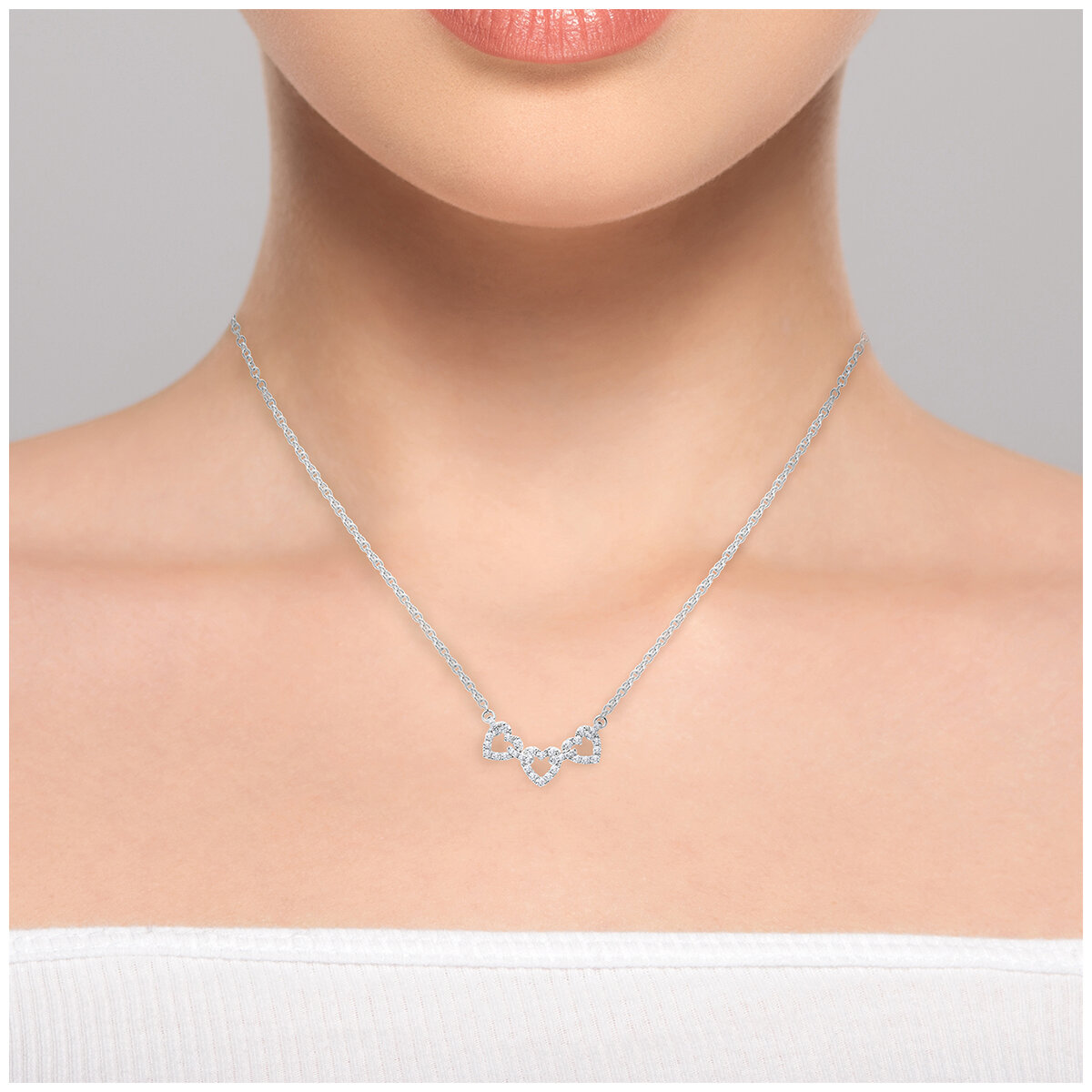 18KT White Gold 0.19ctw Triple Heart Diamond Set Necklace