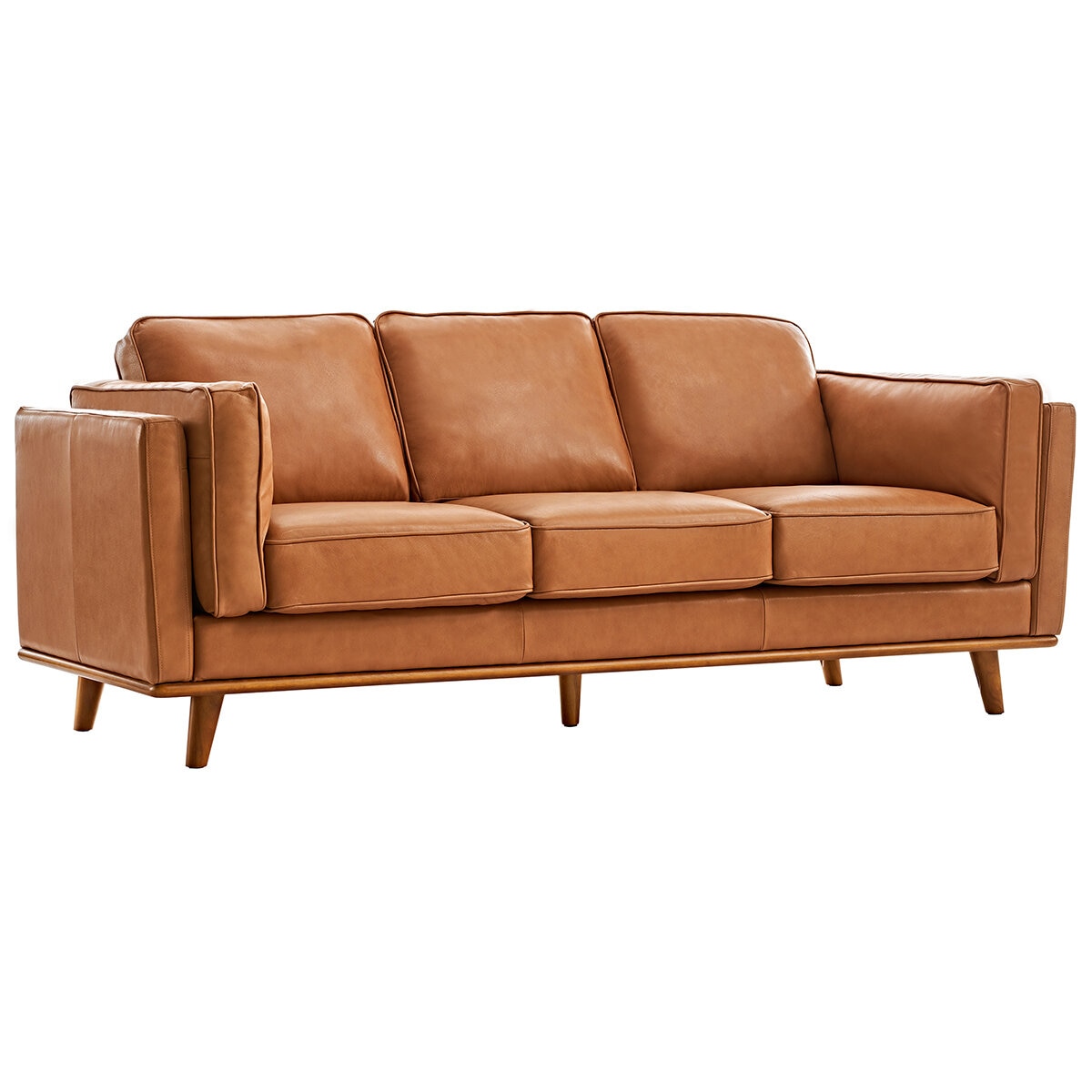 Valencia Artisan Modern Top Grain Leather Sofa With Wooden Base