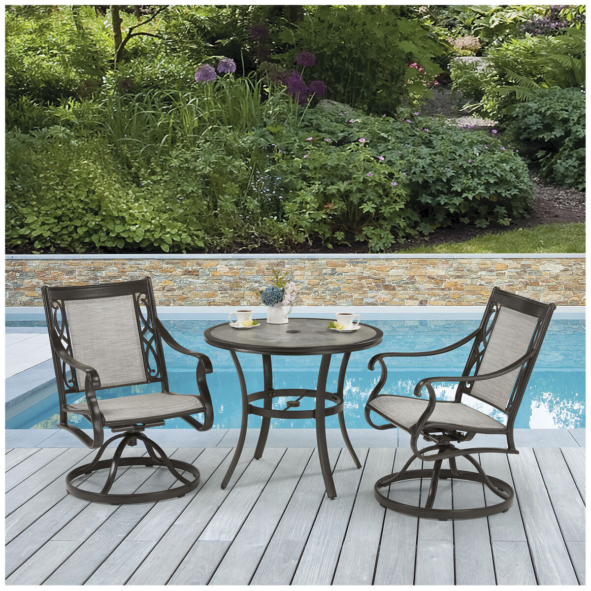 3 piece patio set with swivel chairs