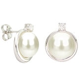 18KT White Gold 9-10mm Button Shape Freshwater Pearl 0.12ctw Diamond Bezel Earring