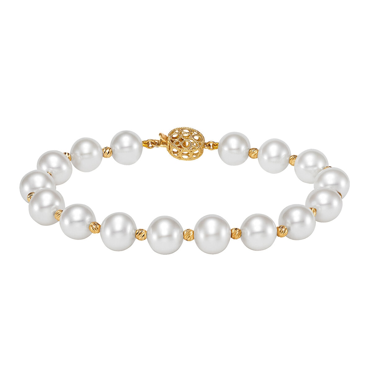 14KT Yellow Gold 8.5-9.5m Cultured Freshwater Pearl Multi-Cut Bead Flower Bracelet