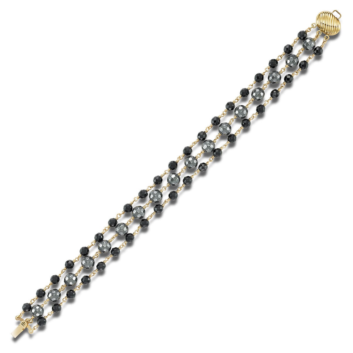 14KT Yellow Gold Hematite Black Onyx Bracelet 3-Row