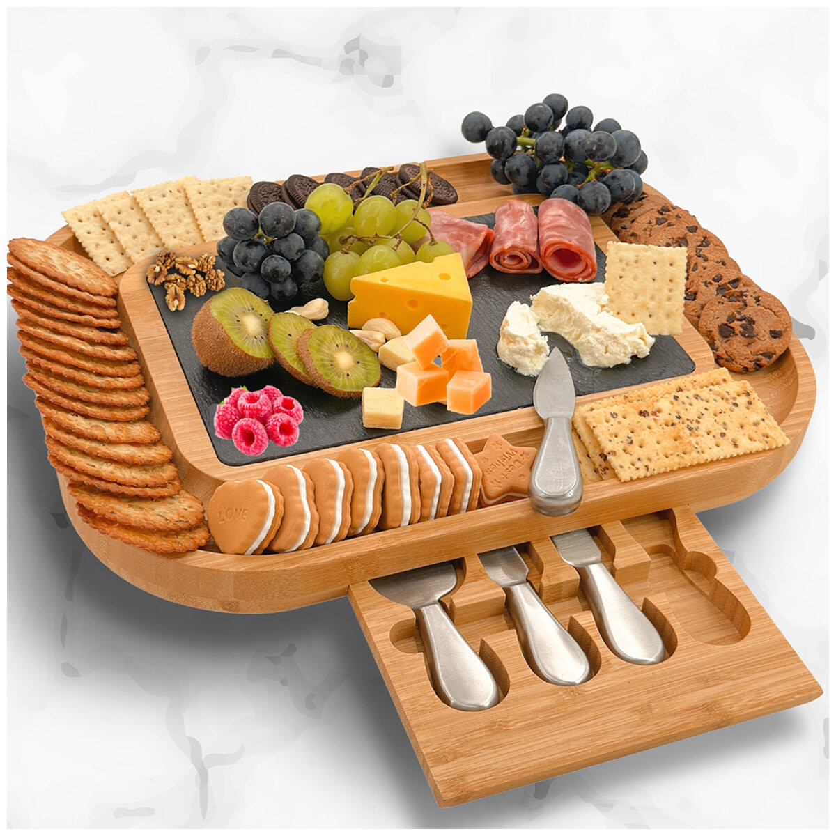 Carrara Bamboo Cheese Board With Stainless Steel Knives Carrara Bamboo Cheese Board With Stainless Steel Knives