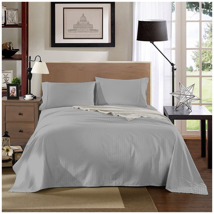 Kensington 1200TC Stripe Cotton Sheet Set Double Silver | Costco Australia