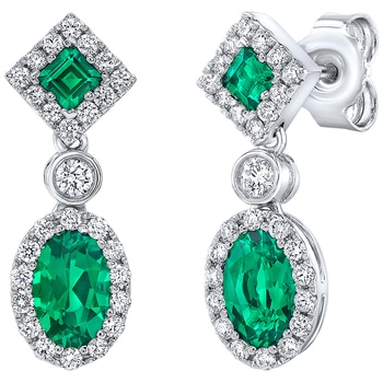 18KT White Gold Lab Created Emerald And Diamond Earrings