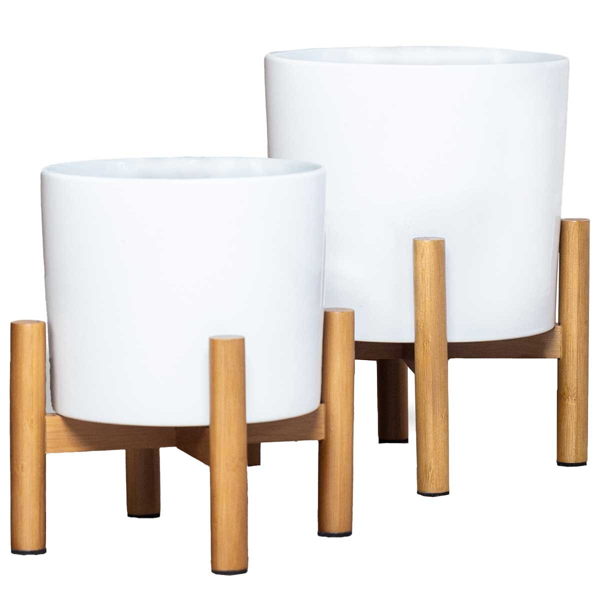 Ceramic Planters With Bamboo Stands 2 Pack