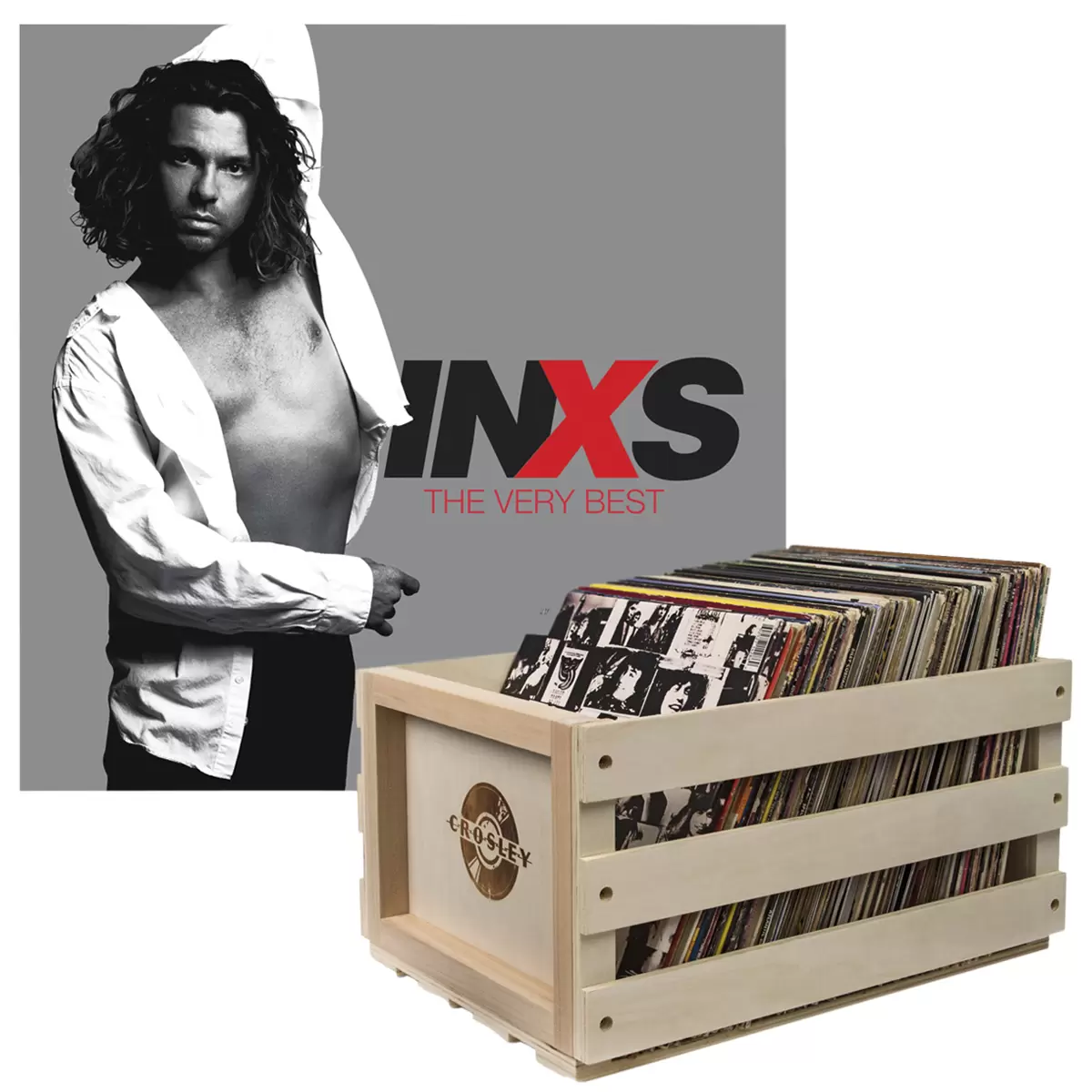 Crosley Record Storage Crate & INXS The Very Best Double Vinyl Album Bundle