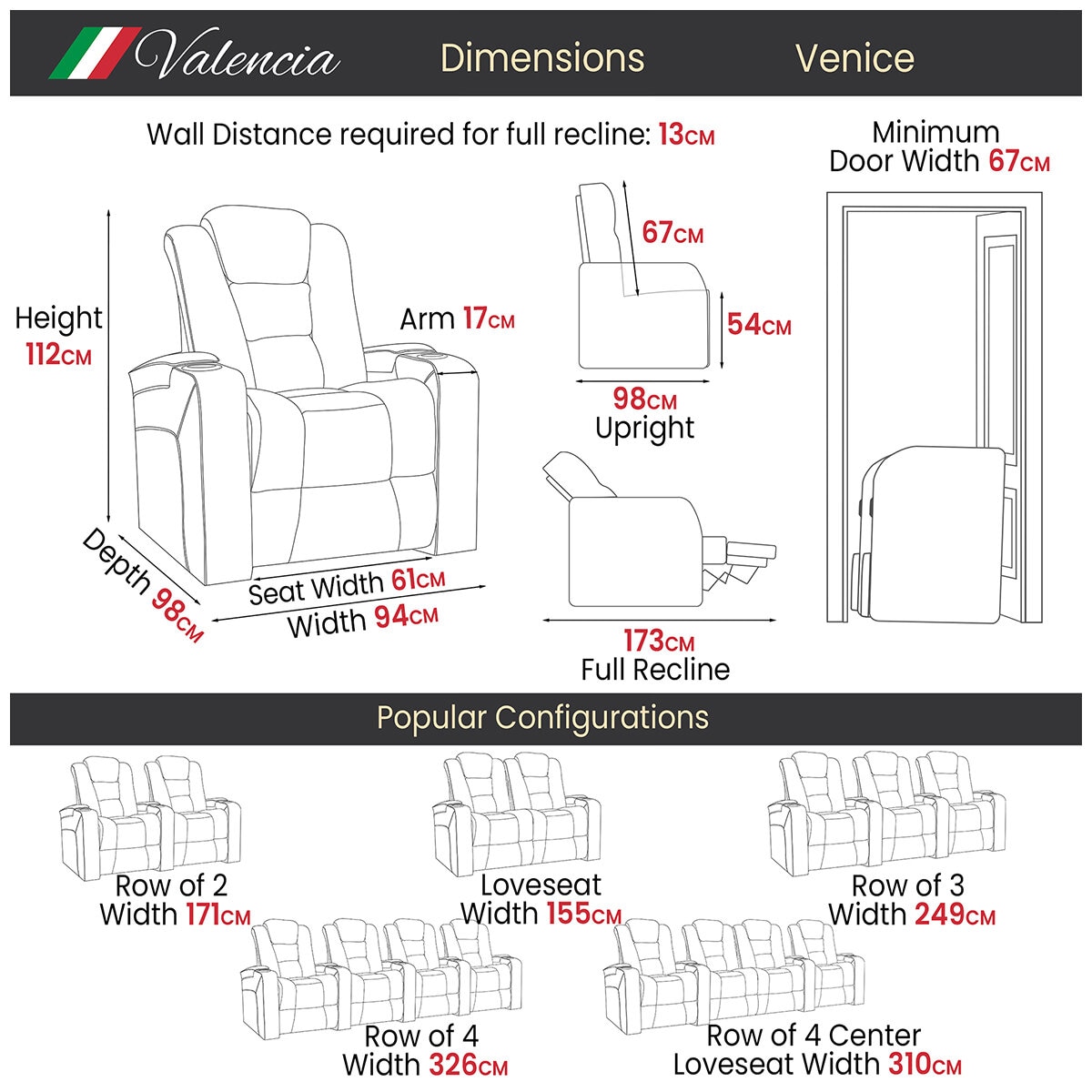 Valencia Theater Seating Venice 4 Seater Recliner Black