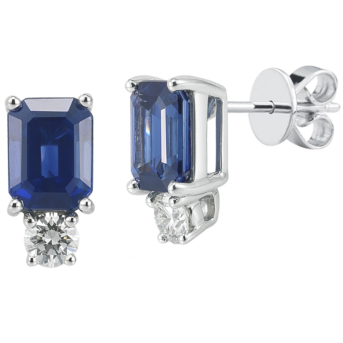 0.42ctw Diamond with Emerald Cut Blue Sapphire Earrings
