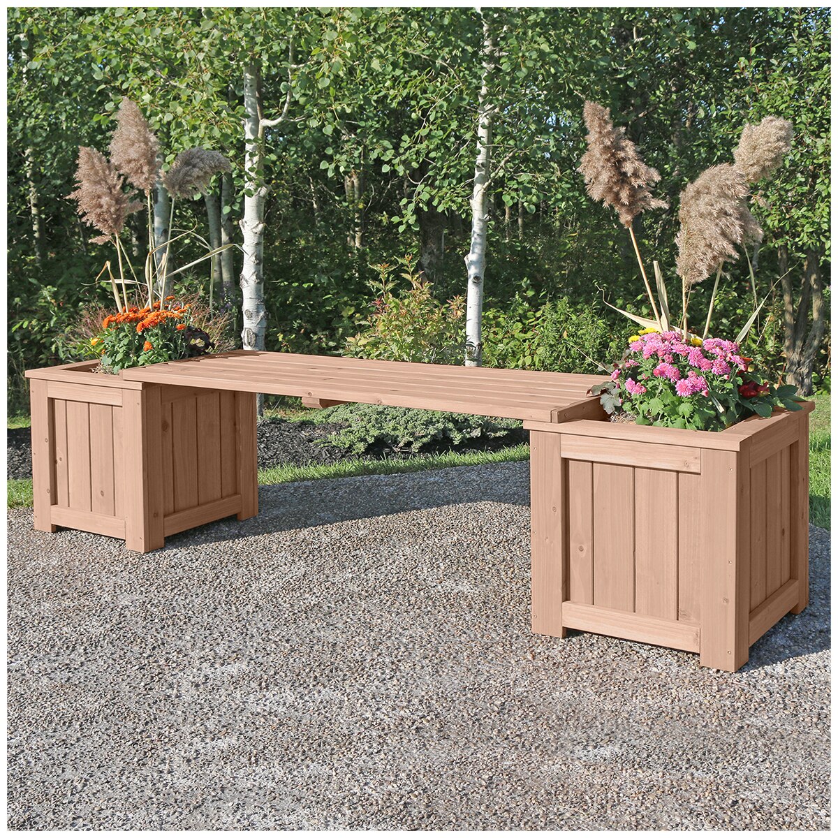 outdoor bench with planters