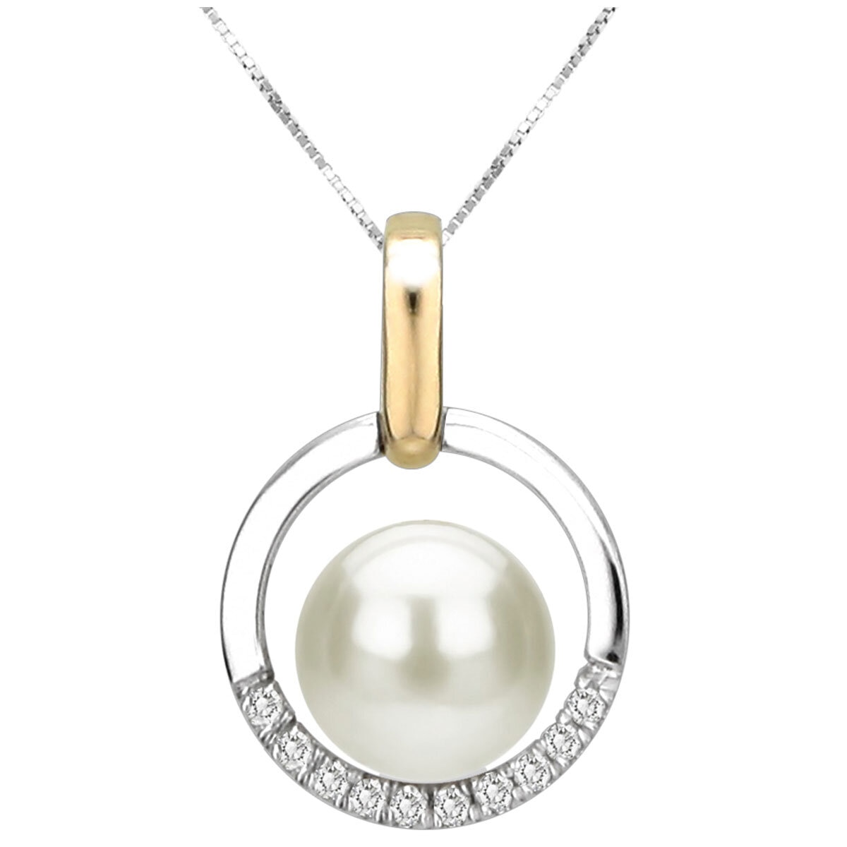 18KT Yellow And White Gold 7-8mm Round Freshwater Pearl .05ctw Diamond Pendant