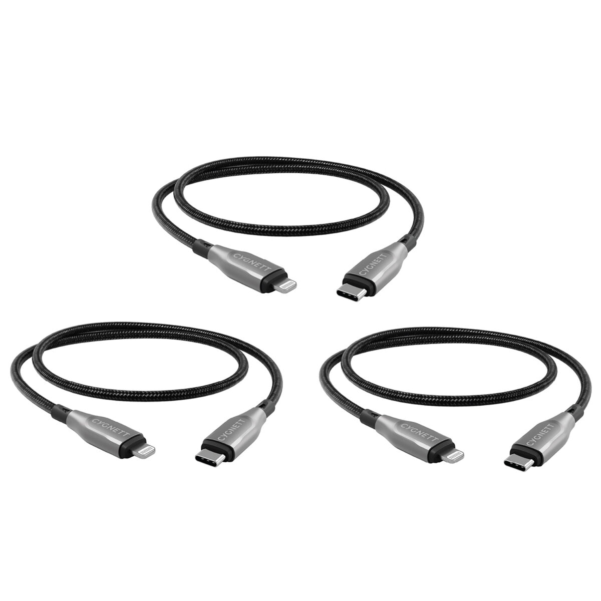 Cygnett Armoured Lightning to USB-C Cable 1M Triple Pack Black CY5169PCCCL Cygnett Armoured Lightning to USB-C Cable 1M Triple Pack Black CY5169PCCCL