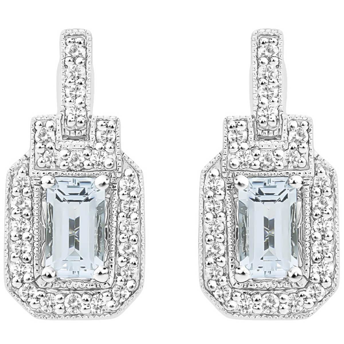 18KT White Gold 0.18ctw Diamond And Aquamarine Earrings