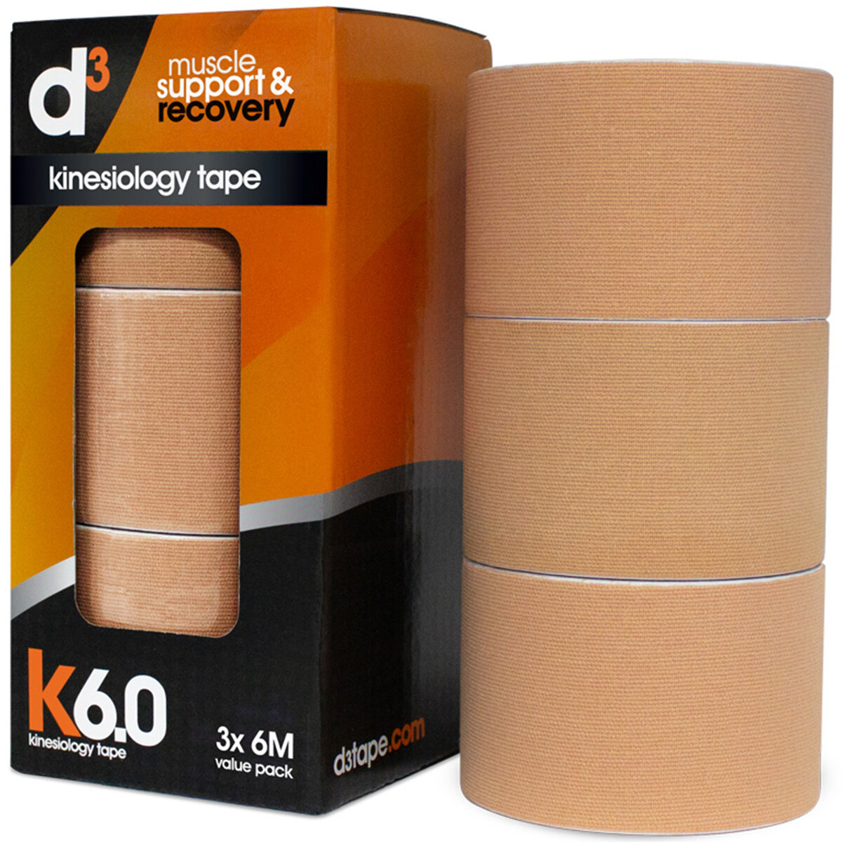 d3 K6.0 Kinesiology Tape 50mm x 6M x 3 Tapes Beige