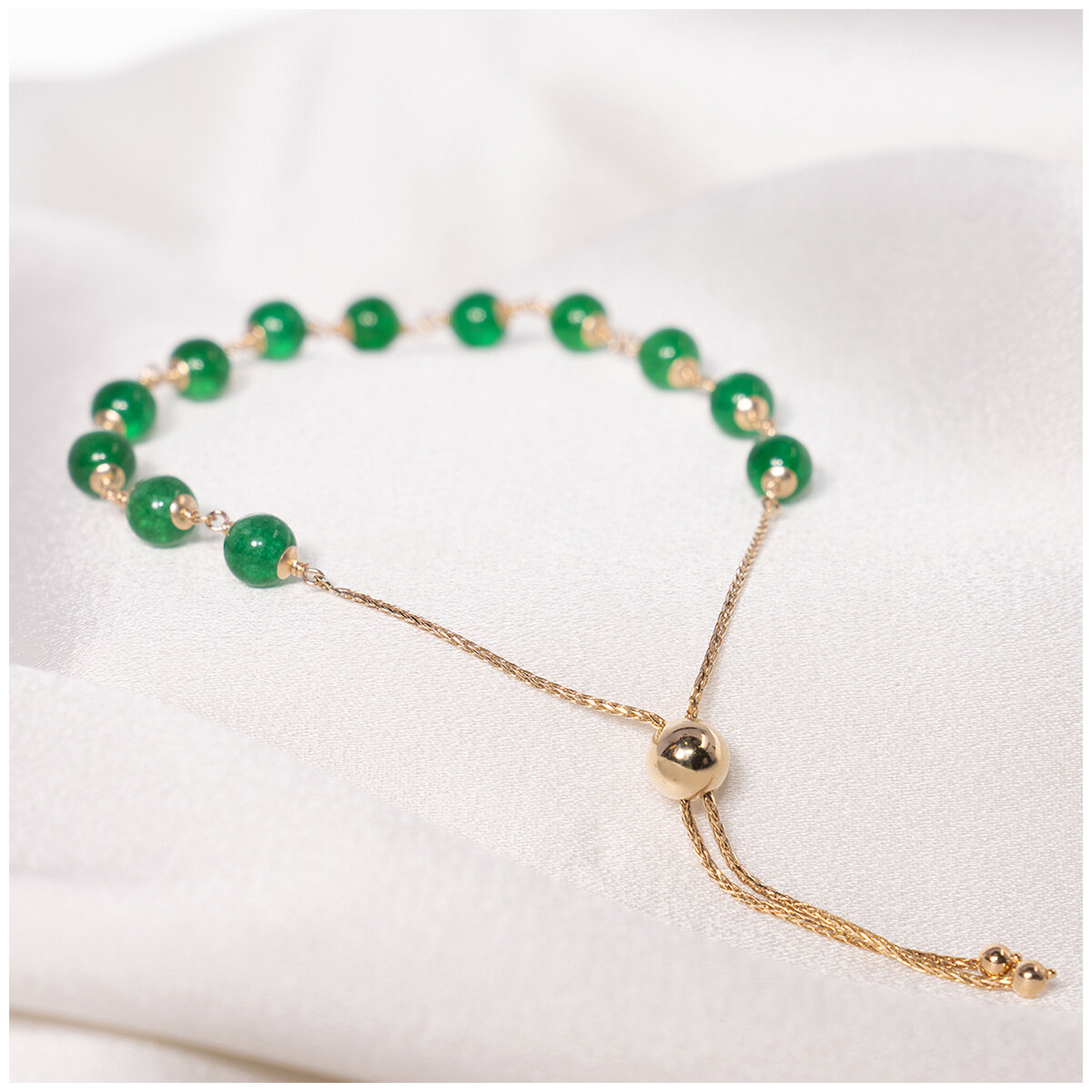 14KT Yellow Gold Dyed Green Jade Bolo Adjustable Bracelet