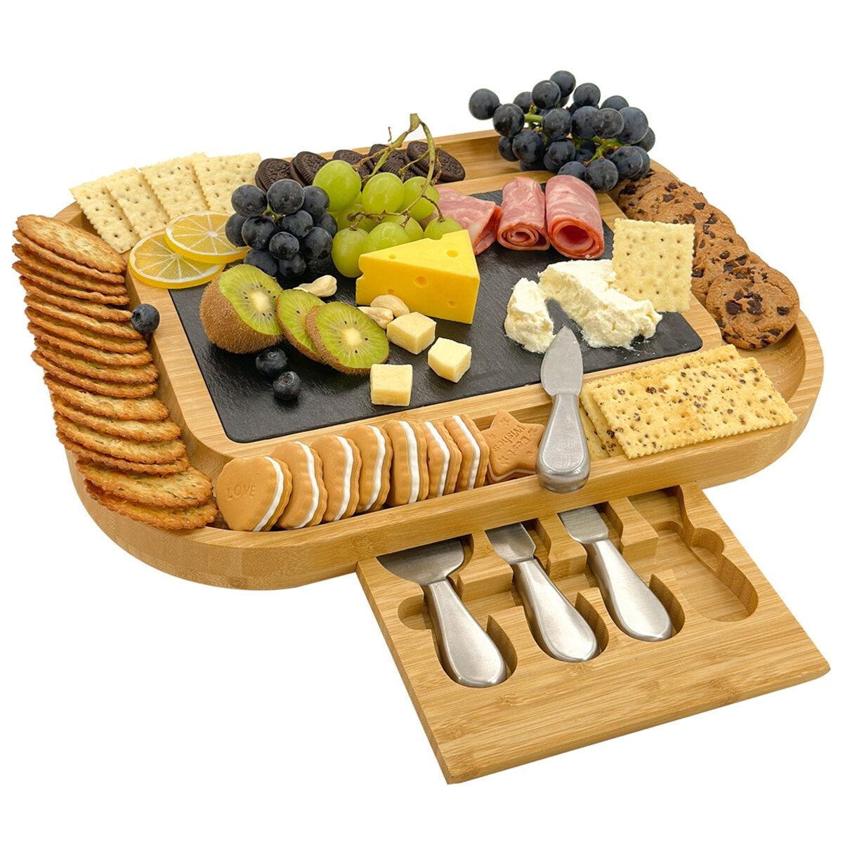 Carrara Bamboo Cheese Board With Stainless Steel Knives Carrara Bamboo Cheese Board With Stainless Steel Knives