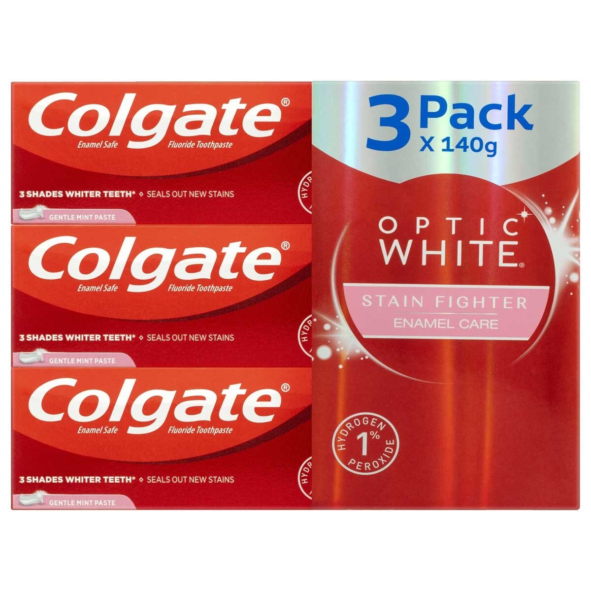 Colgate Optic White Fluoride Toothpaste Stain Fighter Enamel Care Gentle Mint 3 x 140g