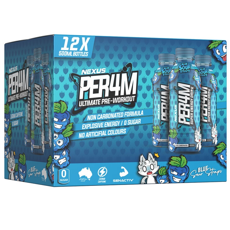 Nexus Per4m Pre-Workout Non Carbonated Drink 12 x 500ml Blue Sour Straps Nexus Per4m Pre-Workout Non Carbonated Drink 12 x 500ml Blue Sour Straps