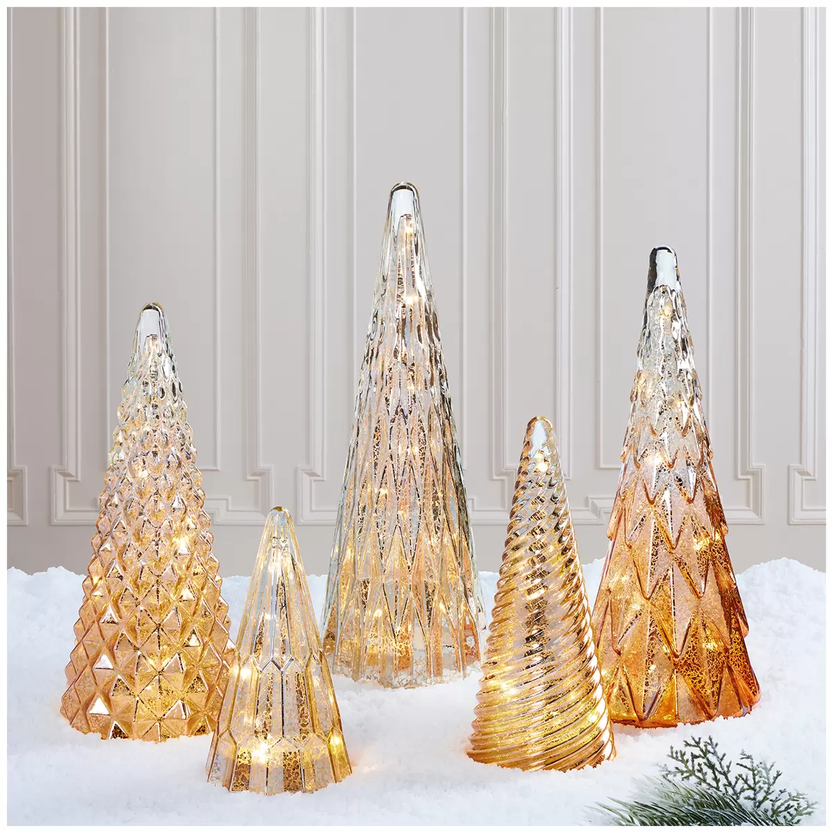 LED Holiday Glass Trees 5 Pack Gold