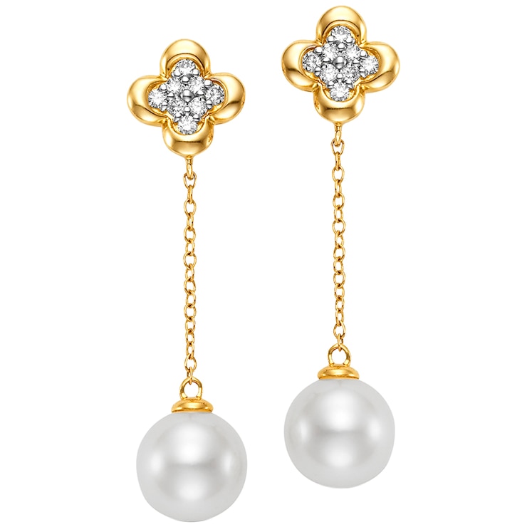 18KT Yellow Gold White Freshwater Pearl and Diamond Earrings | Costco ...