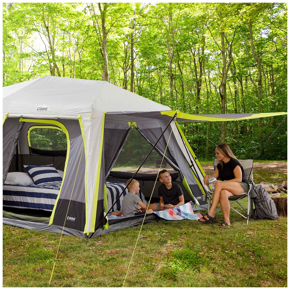 CORE 10 Person Lighted Instant Cabin Tent with Awning
