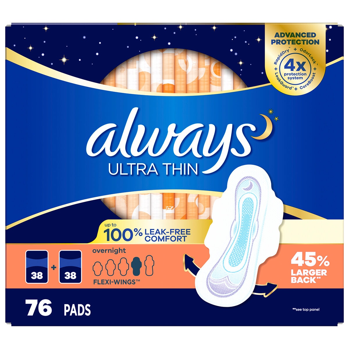 Always Ultrathin Overnight Pads 76 Count