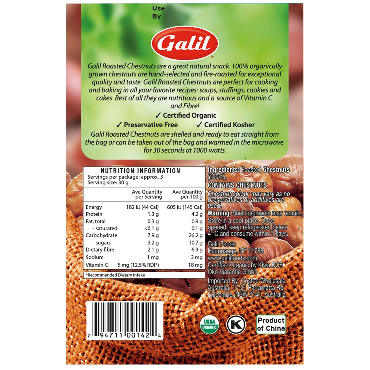 Galil Organic Roasted Chestnuts 3 x 6 x 100g Costco Australia