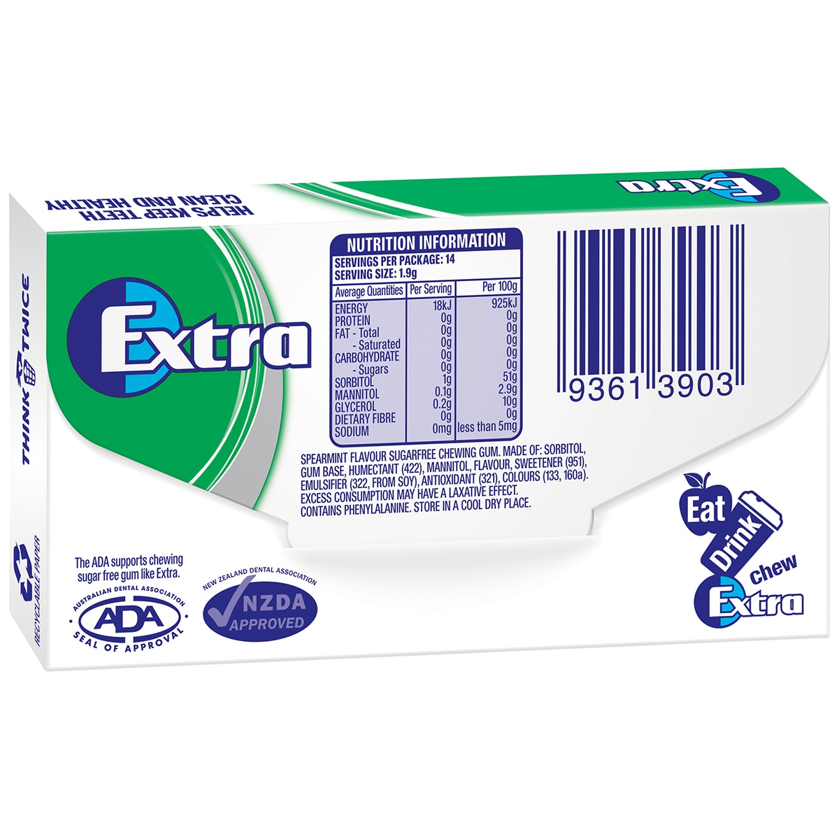 Wrigley's Extra Sugarfree Spearmint Gum 24 X 27g