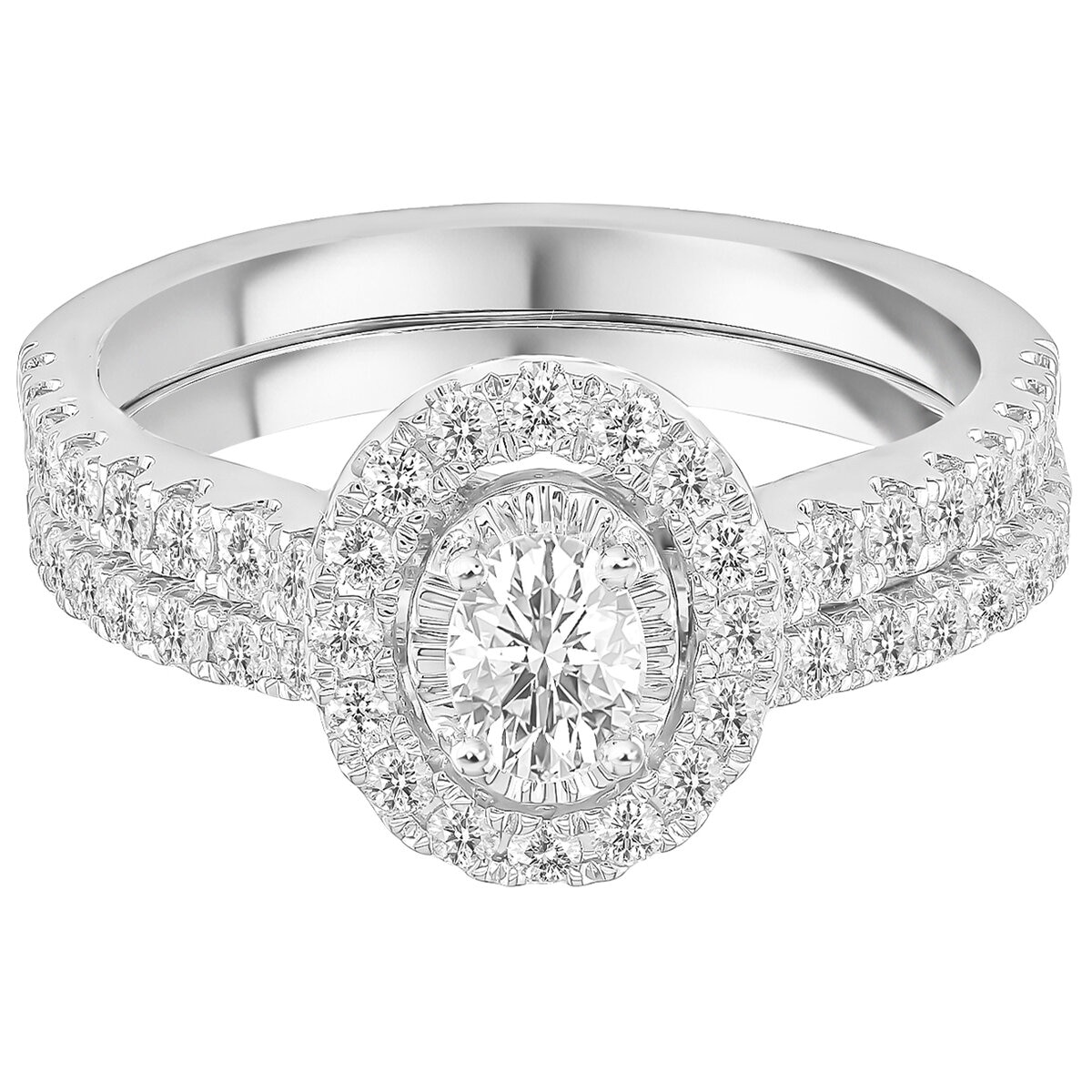 18KT White Gold 1.00ctw Round Diamond With Oval Centre Bridal Set