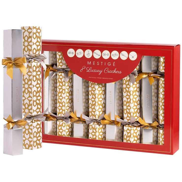 Mestige Premium Swarovski Crystal Christmas Crackers 8pk Gold & Silver