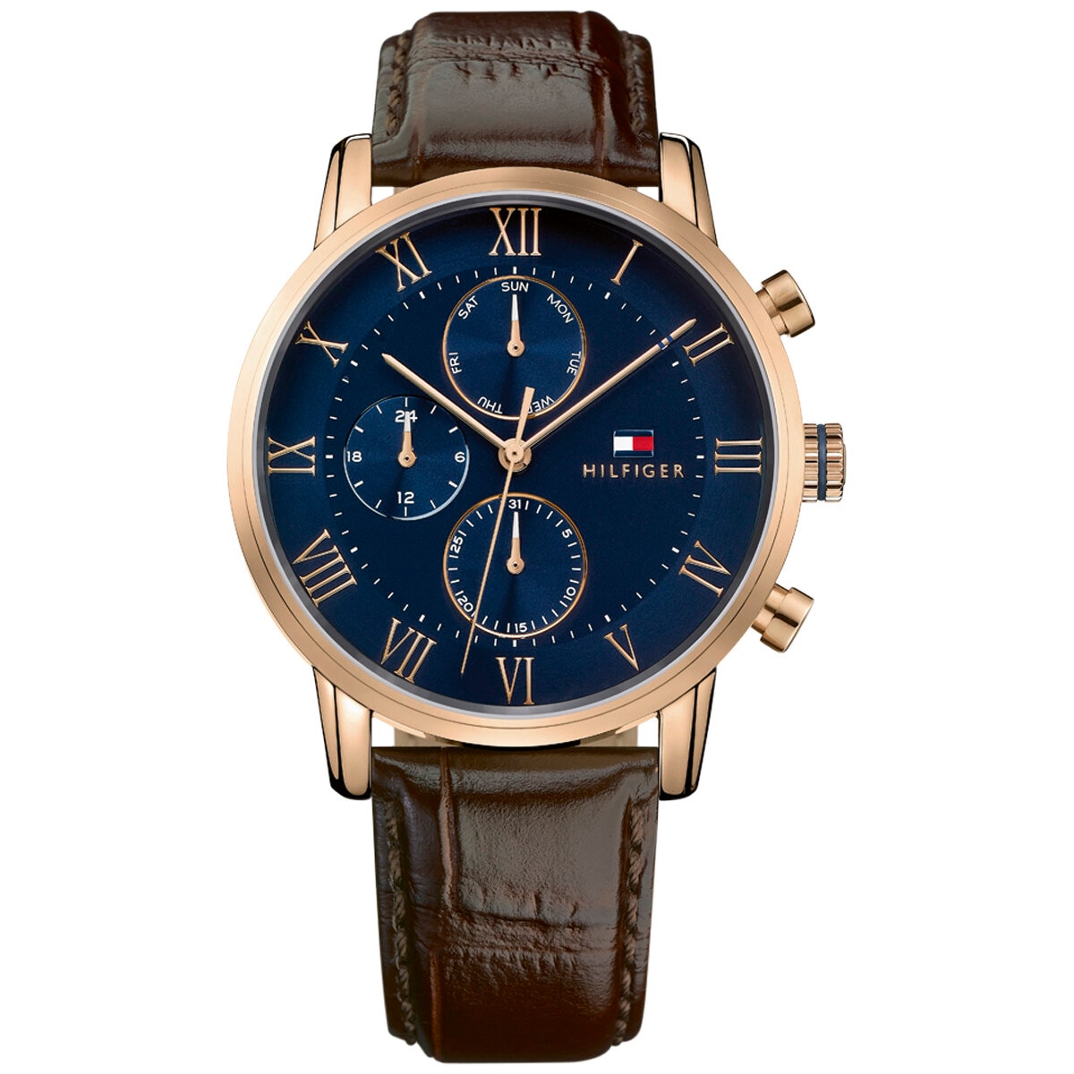 tommy hilfiger men's blue dial brown leather strap watch