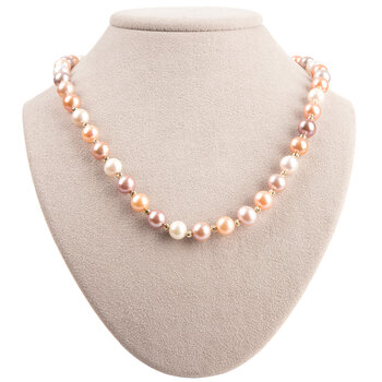 18KT Yellow Gold 8-8.5mm Cultured Freshwater Pearl And Multi Cut Bead Necklace