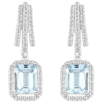 18KT White Gold Emerald Cut Aquamarine And Diamond Earrings