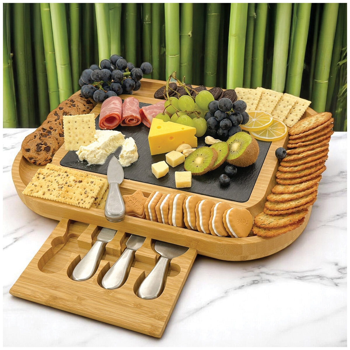 Carrara Bamboo Cheese Board With Stainless Steel Knives Carrara Bamboo Cheese Board With Stainless Steel Knives