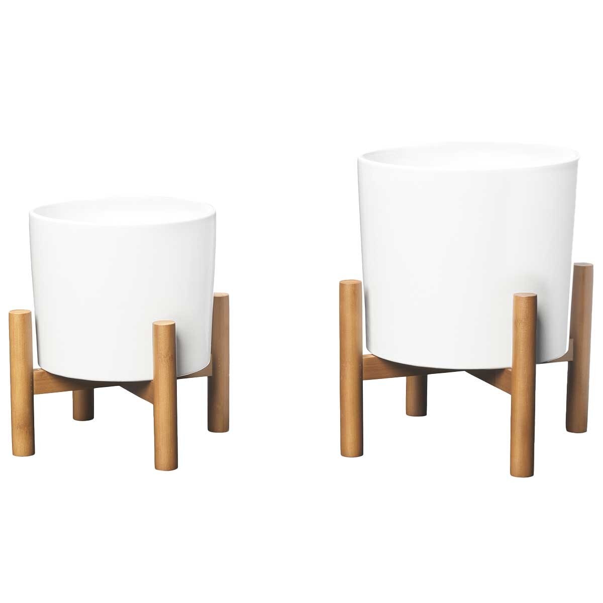 Ceramic Planters With Bamboo Stands 2 Pack